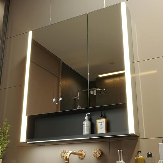 KWW LED Lighted Bathroom Medicine Cabinet with Sockets & USBs, Defogger, Dimmable, 3 Color Light Makeup Mirror, Easy to Install, Wall Mounted Cabinet (31 * 34)