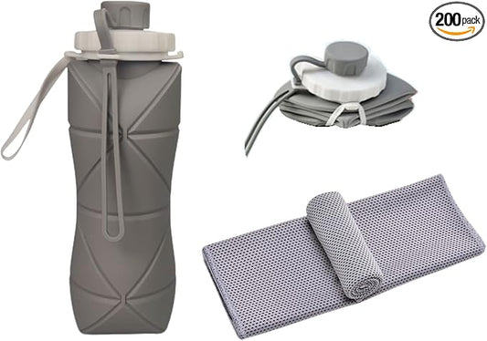 Gift for Father Day and Graduation, New Portable Silicone Collapsible Water bottle with Cooling Towel for Traveling and Outdoor Sports,600ml BPA Free Water Bottle,Summer Essentials (Grey)