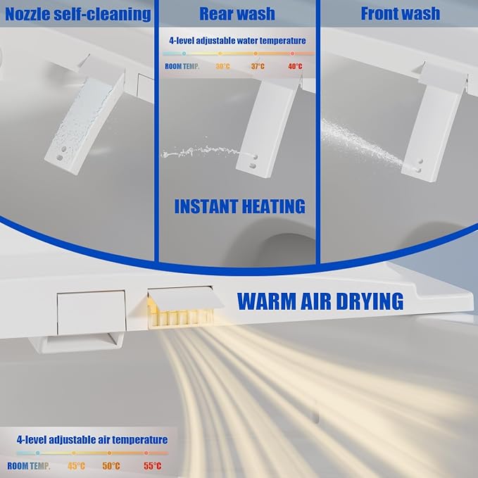 Electric Bidet Toilet Seat with Warm Water, Heated Bidet Attachment for Toilet with Dryer, Self Cleaning Elongated Bidet Seat with Remote Control, Black Temp. Display.