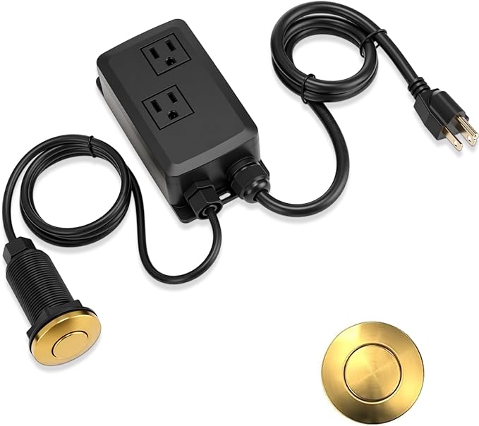 Garbage Disposal Air Switch Kit Dual Outlet Sink Top Waste Disposal On/off Stainless Steel Satin Nickel Button Extra Long Food and Waste Disposer, UL List(Gold)