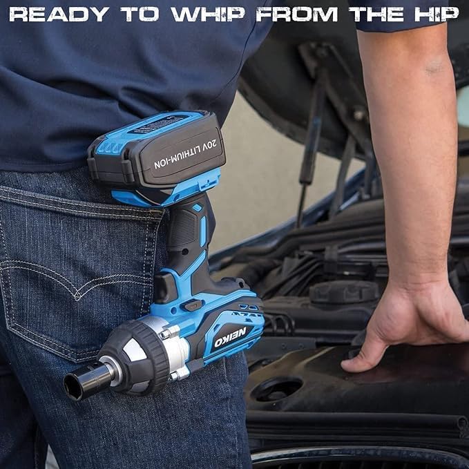 Neiko 10878A 1/2-Inch-Drive High-Torque Cordless Electric Impact-Wrench Kit with 20-Volt Lithium-Ion Charging Battery and 4 1/2-Inch-Drive Sockets