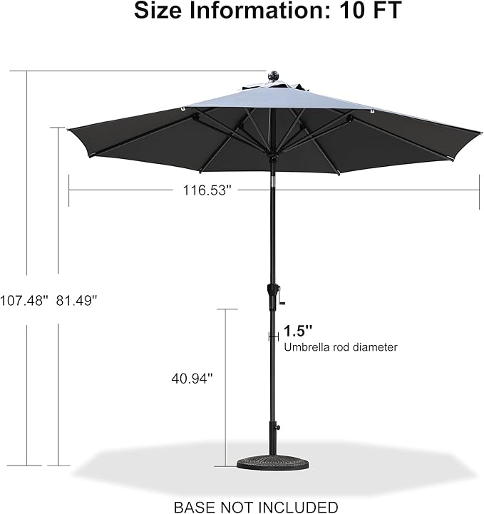 PURPLE LEAF 10' Round Patio Umbrella Outdoor Table Umbrella Aluminum Frame Market Umbrella Sun Umbrella with 8 Sturdy Ribs & Tilt for Garden Deck Lawn & Pool Gray
