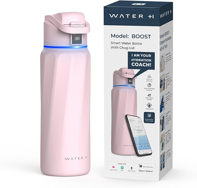 BOOST Smart Water Bottle with Reminder to Drink Water & Water Tracker Bottle - Double Wall Vacuum Insulated Water Bottle Stainless Steel, Wide Mouth 32 oz Water Bottles, Ideal for Gift - Pink