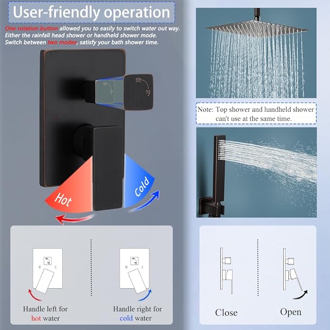 16 Inch Oil Rubbed Bronze Ceiling Mount Shower System Bathroom Luxury Rain Mixer Shower Combo Set Ceiling Rainfall Shower Head System Faucet Contain Rough-in Valve and Trim Included