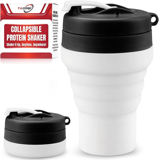 Protein Shaker Bottle Collapsible - Food-Grade, Leakproof Lid 600mL/20oz Shaker - Reusable Silicone Shaker Cups for Protein Shakes for Gym-goers & Travelers