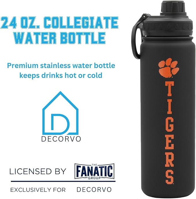 Clemson Tigers Water Bottle - Black Double Walled Stainless Steel 24 oz Keeps Drinks Cold or Hot
