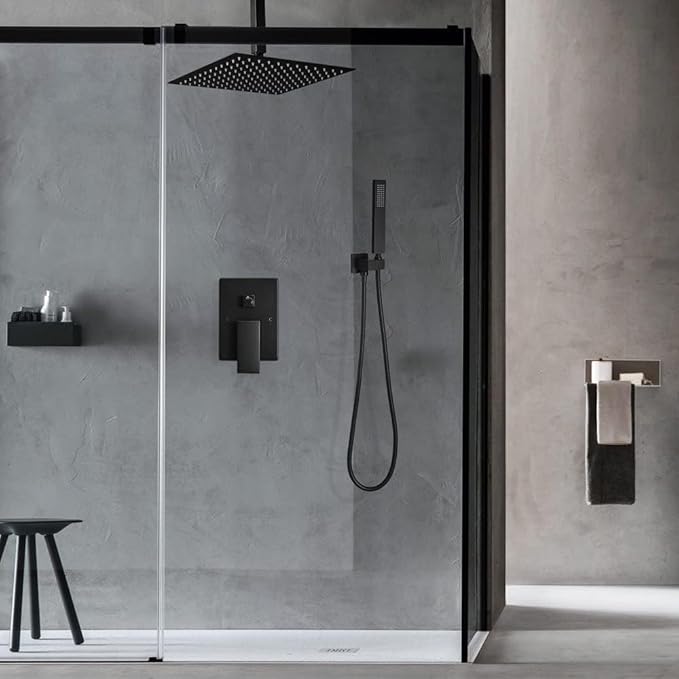 16 Inch Ceiling Mount Matte Black Shower System Bathroom Luxury Rain Mixer Shower Combo Set Ceiling Rainfall Shower Head System (Contain Shower Faucet Rough-in Valve Body and Trim)