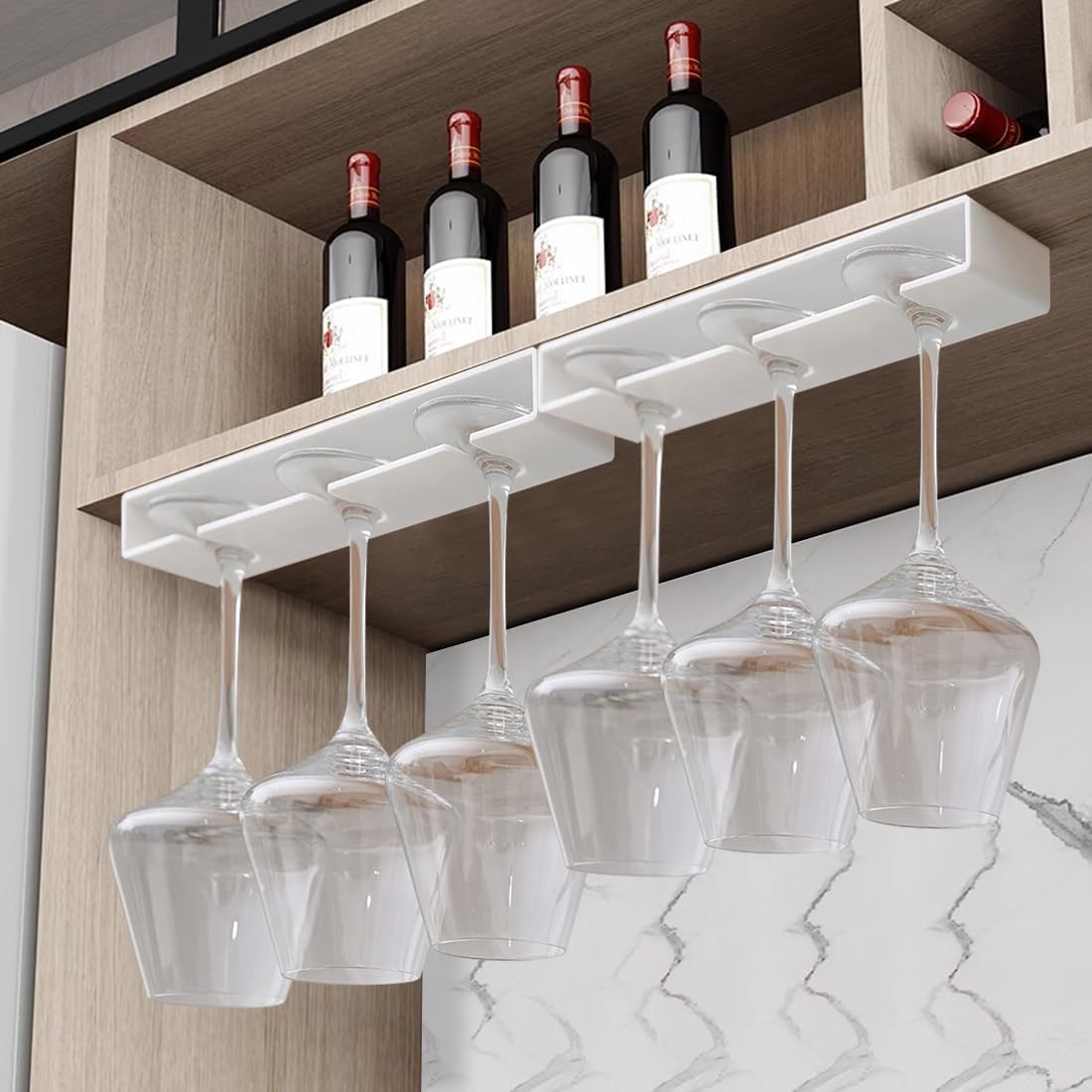 2 Pack Wine Glass Holder,Wine Glass Rack Punch-free Under Cabinet Wine Glass Holder Hanging Plastic Stemware Rack（White）