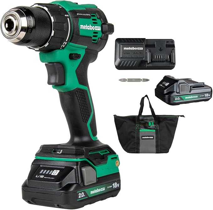 Metabo HPT 18V MultiVolt 1/2" Cordless Brushless Driver Drill Kit, High Power Drill Set with Bag, 2 Lithium-Ion Metabo Batteries and Charger, Compact Lightweight Power Driver, DS18DEX
