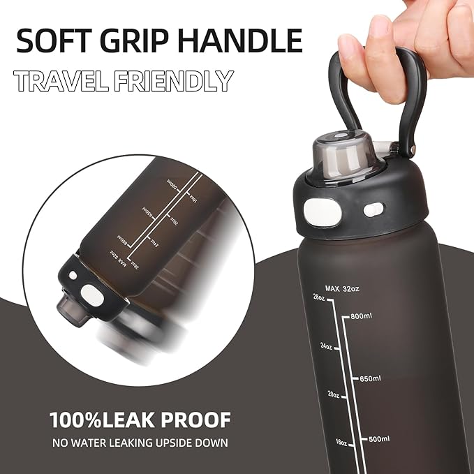 SIEROZUR 32 oz Glass Water Bottle with Straw and Handle Large Sports Motivational Water Bottle with Locking Lid and Time Marker Leakproof Water Jug for Daily Hydration Intake BPA Free