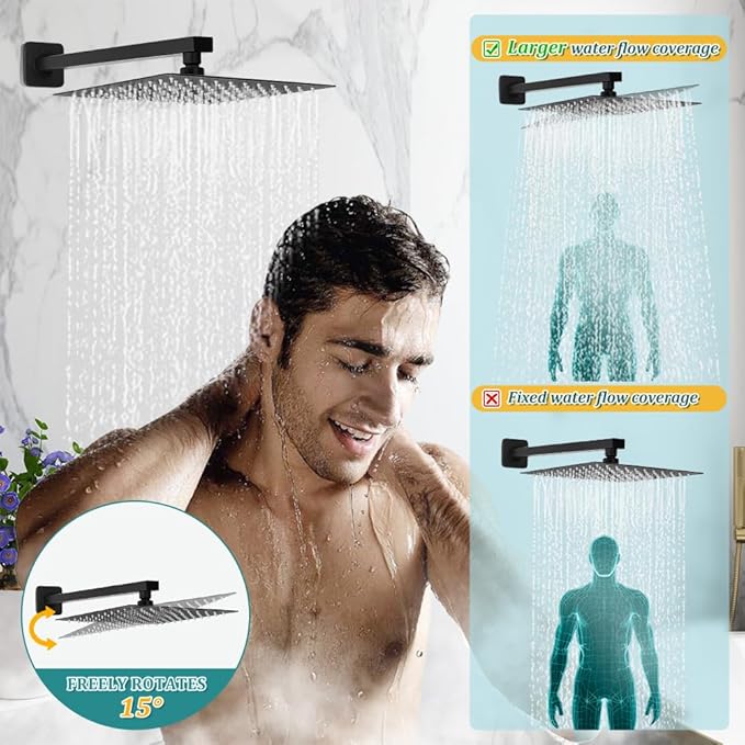 1Pc 304 Stainless Steel Shower Faucet Set, Rain Shower Head with Handheld Spray, Square Shower Head with 3 Setting Handheld Combo and Brass Valve Kit (Matte Black, 12 Inch Rain Shower Head)