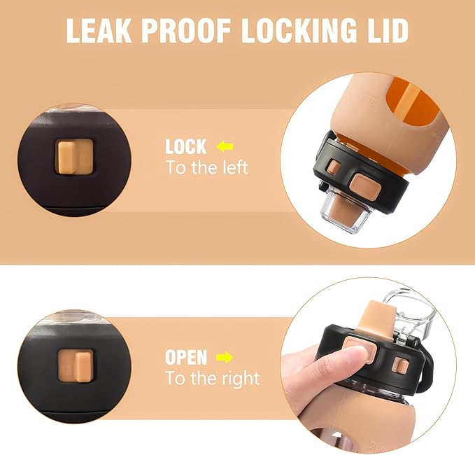 Kodrine Water Bottle with Soft Straw and Carry Loop, 32 oz Glass Water Bottle with Locking Lid, Clear Water Bottles Sports, Drinking Bottle for Travel Home Gym, Leakproof(Amber)