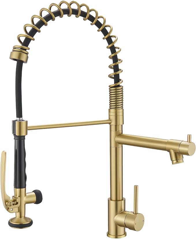 Brushed Gold Kitchen Faucet with Pull Down Sprayer, Commercial Brass Kitchen Faucet Single Handle Spring Faucets for Kitchen Sink Fapully