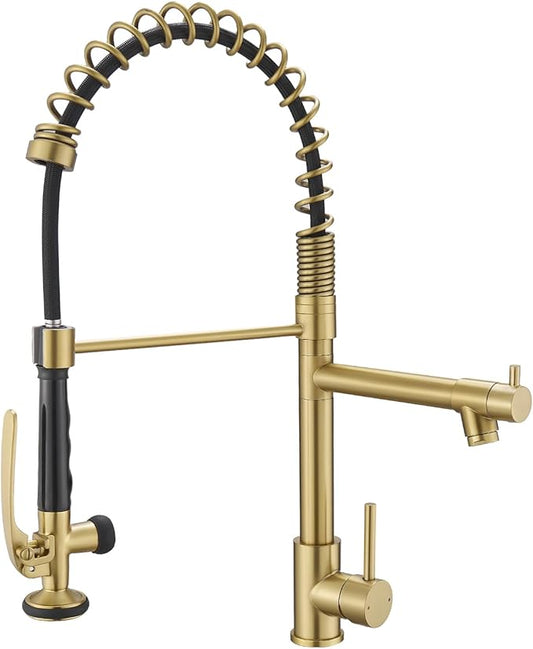 Brushed Gold Kitchen Faucet with Pull Down Sprayer, Commercial Brass Kitchen Faucet Single Handle Spring Faucets for Kitchen Sink Fapully