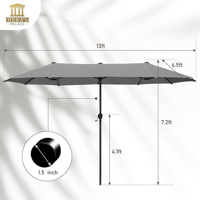 HERA'S PALACE 13 ft Large Double-Sided Twin Patio Umbrella, Outdoor Market Umbrella with Crank Handle, Powerful UV Protective, Smoky Gray