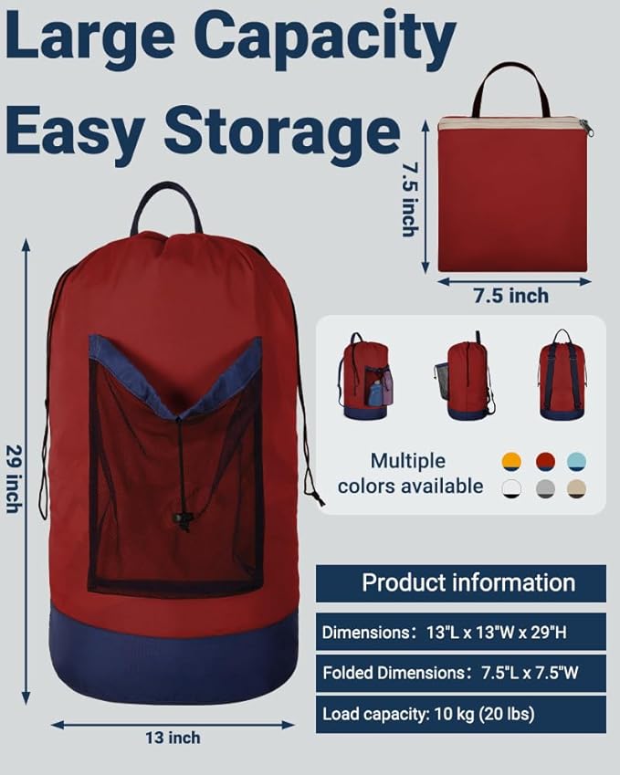 Laundry Bag with Shoulder Straps and Mesh Pocket Laundry Backpack Large Portable Laundry Hamper for College Laundromat Apartment