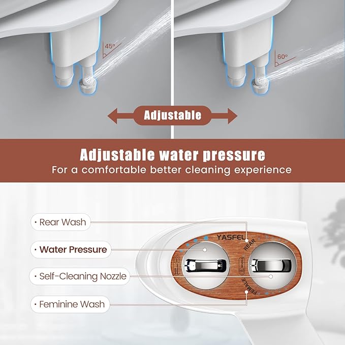 YASFEL Bidet, Self-Cleaning Bidet Attachment for Toilet - Non Electric Dual Nozzles Cold Water Bidet Toilet Seat Attachment with Adjustable Pressure Control, for Frontal & Rear Wash (Wood Color)