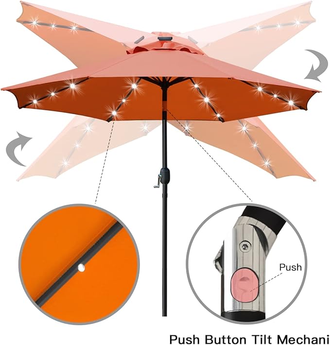 Sunnyglade 9' Solar LED Lighted Patio Umbrella with 8 Ribs/Tilt Adjustment and Crank Lift System (Orange)