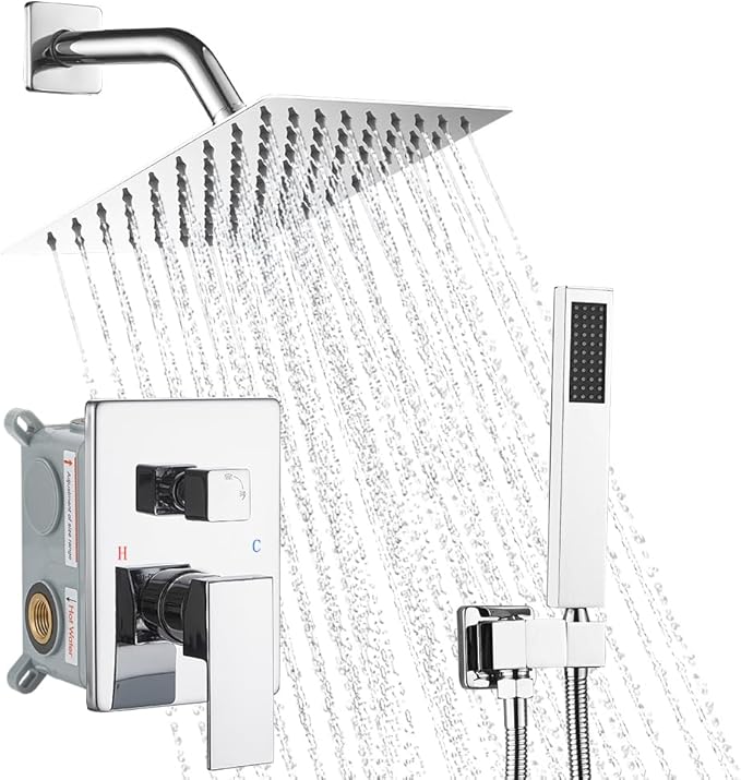 Chrome Shower System, 8 Inch High Pressure Rain Shower with Handheld, Wall Mount Shower Faucet Set for Bathroom, Rough-in Valve Body and Trim Included