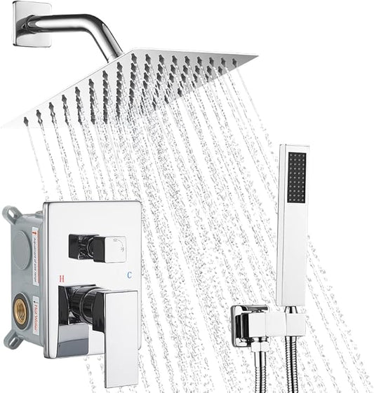 Chrome Shower System, 8 Inch High Pressure Rain Shower with Handheld, Wall Mount Shower Faucet Set for Bathroom, Rough-in Valve Body and Trim Included