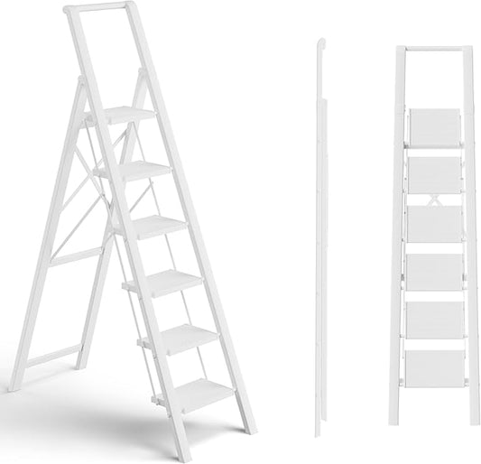 6 Step Ladder, Folding Step Stool with Handgrip and Anti-Slip Wide Pedal, Portable Lightweight Aluminum Stepladder for Kitchen, Home, Library, Office (300 lbs Capacity) - White