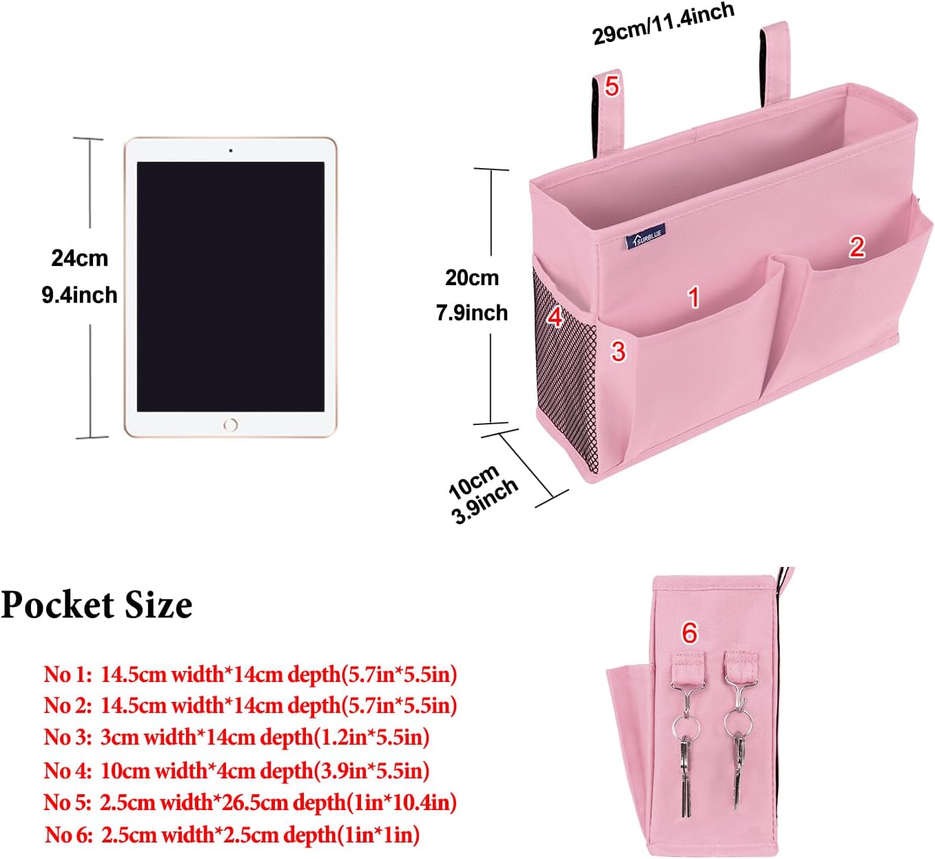 Surblue Caddy Hanging Organizer Bedside Storage Bag for Bunk and Hospital Beds, Pink, Small