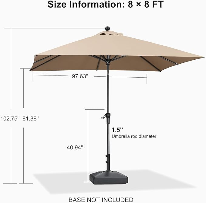 PURPLE LEAF 8' x 8' Square Patio Umbrella Outdoor Table Umbrella Aluminum Frame Market Umbrella Sun Umbrella with 8 Sturdy Ribs Tilt for Garden Deck Lawn Pool Light Taupe