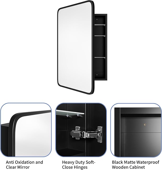 Vintage-Style Bathroom Wood Black Cabinet with 17.5''x29'' Black Metal Frame Curved Mirror, Recessed Medicine Cabinet, Bathroom Storage Cabinet