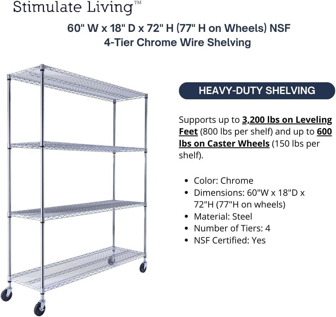 60"x18"x72" Prime Heavy Duty Chrome 4-Tier Wire Shelving NSF 3200 LBS MAX Capacity Storage Rack for Commercial, Hospital, School, Garage, and Kitchen Uses (with Wheels)