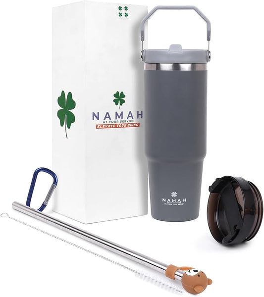 Tumbler with Handle & Extra Cloud LID – 30oz/900ml, Premium 304 Stainless Steel, Insulated Water Bottle, Leak-Proof, Steel Straw, Teddy Straw Cap, Cleaning Brush & Carabiner Hook (Stormy Slate Gray)