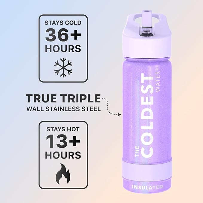Coldest Sports Water Bottle - Straw Lid Bottle with Handle Leak Proof, Vacuum Insulated Stainless Steel, Double Walled, Thermo Mug, Metal | Saturns Purple 18 oz