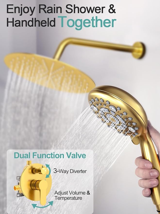 SR SUN RISE 12 Inch Brushed Gold Shower System, Wall-Mount Adjustable 16-Inch Slide Bar with 6-Function Hand Shower Faucet Included Valve and Trim Kit