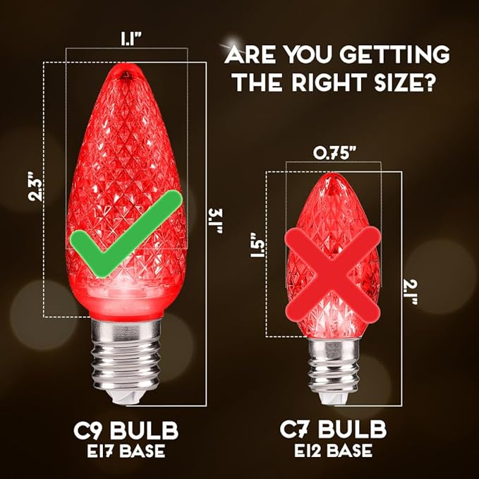 HLO Lighting Set of 25 Red C9 Faceted LED Christmas Light Bulbs for Indoor & Outdoor Use | Durable Replacement Bulb