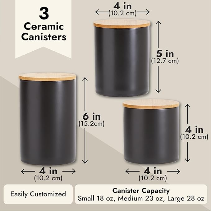 Farmlyn Creek Set of 3 Matte Black Kitchen Canister with Airtight Wooden Bamboo Lids, Kitchen Counter Containers, Food Storage Jars, Ideal for Storing Sugar, Coffee and Other Dry Goods, (3 Sizes)