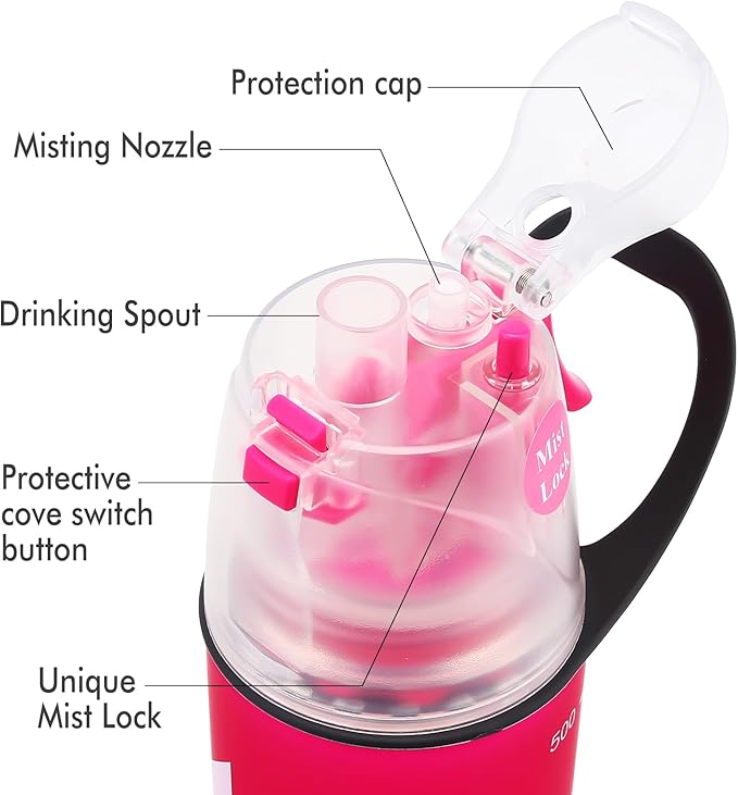 Misting Water Bottle, Spray Mist Sports Bottle for Outdoor Sport Hydration and Cooling Down, BPA-Free Misting Water Bottle with Unique Mist Lock Design (Red-18oz)