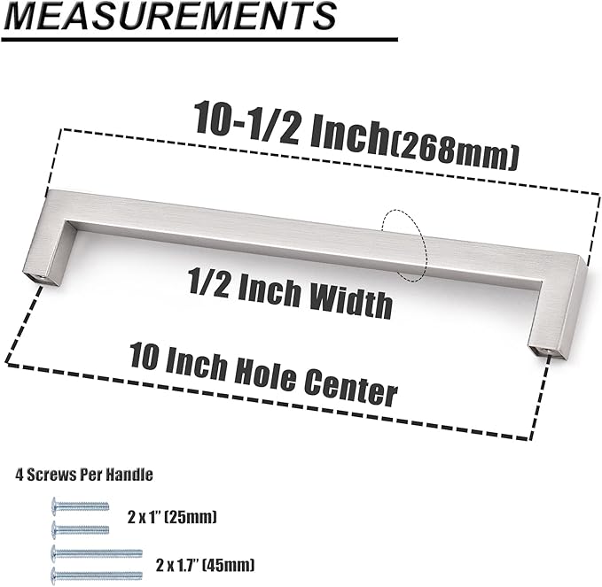 Probrico 10 Pack Kitchen Cabinet Drawer Handles Stainless Steel 10" Holes Distance Brushed Nickel Pulls 10.5" Total Length 10 Pack