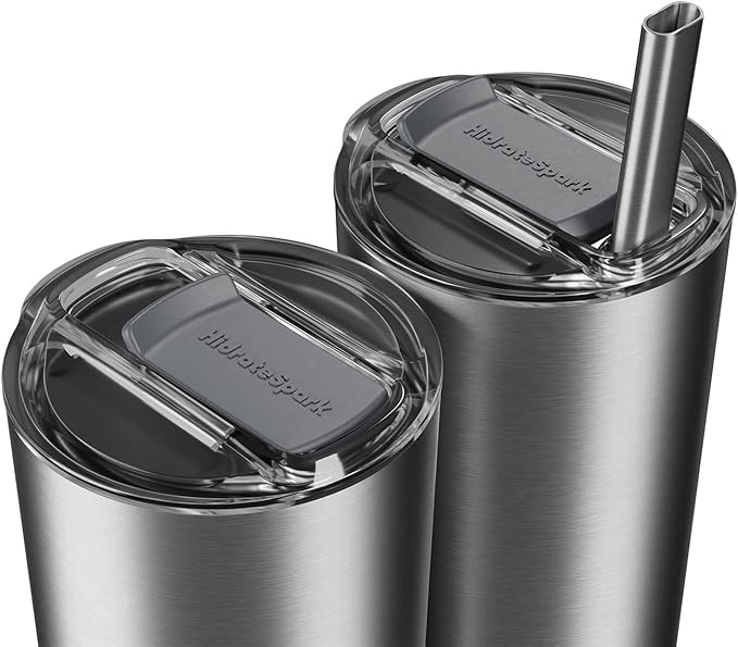 HidrateSpark PRO Smart Tumbler Bundle – Insulated Stainless Steel – Tracks Water Intake with Bluetooth, LED Glow Reminder When You Need to Drink – 20oz, Brushed Stainless Steel + 3 Straws