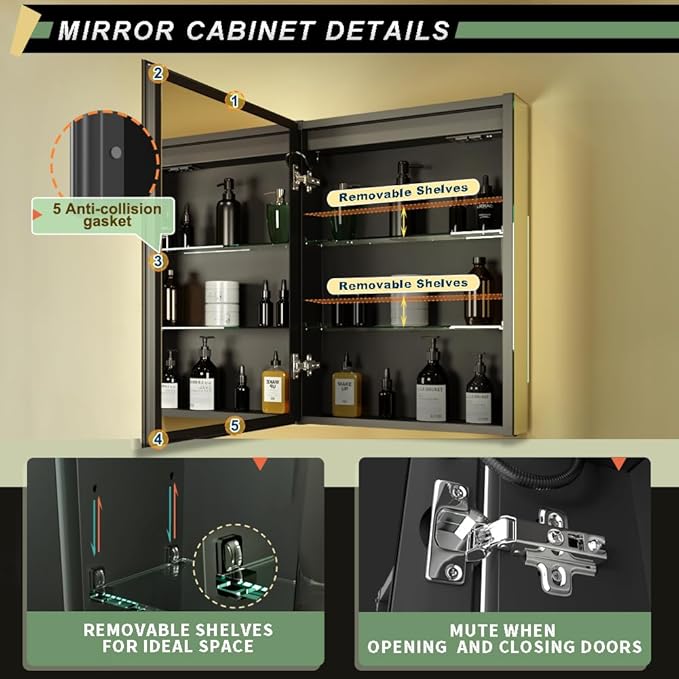 LED Lighted Bathroom Medicine Mirror Cabinet with Sockets & USBs, Anti-Fog Dimmable Light and Color Adjustment, Easy to Install Aluminum Cabinet (Left Hinge, 20 * 28 inch)