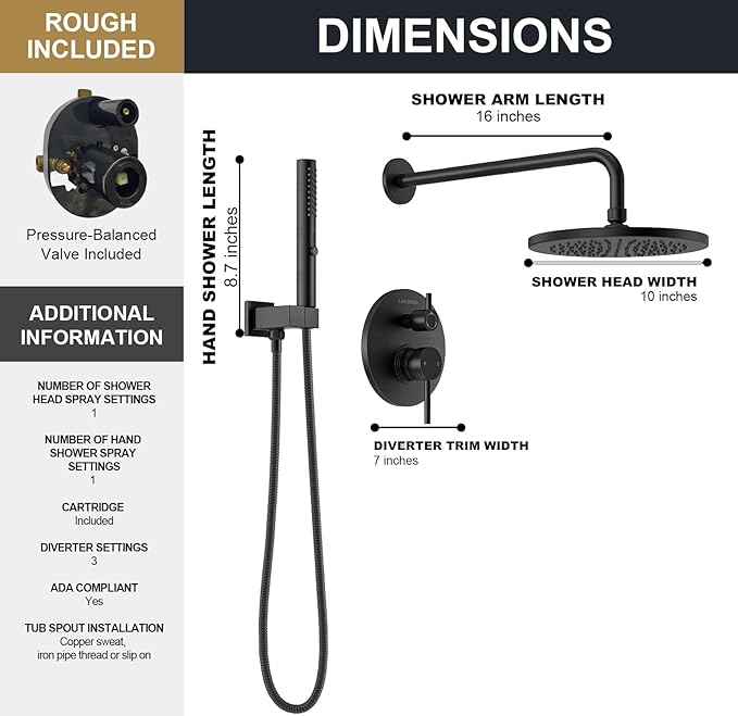 Lava Odoro Modern 2-Setting Round Rain Shower System with Handheld, Matte Black Rainfall Shower Faucet Set Rain Shower Head and Handle Set, Shower Valve Trim Kit, 10 Inch, Matte Black, SF104-MB