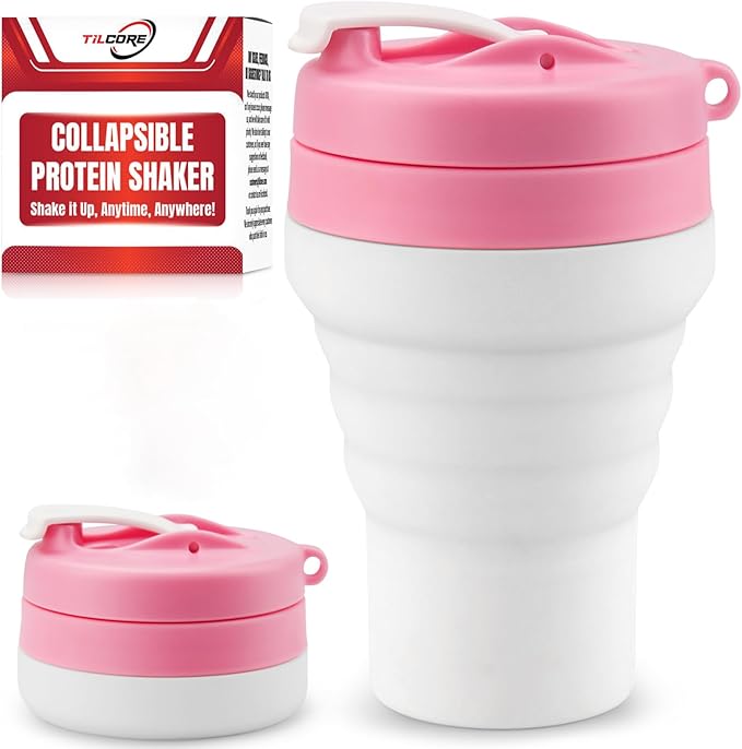 Protein Shaker Bottle Pink Collapsible - Food-Grade, Leakproof Lid 600mL 20oz Pink Shaker - Reusable Silicone Shaker Cups for Protein Shakes