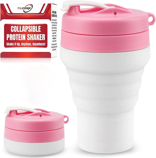 Protein Shaker Bottle Pink Collapsible - Food-Grade, Leakproof Lid 600mL 20oz Pink Shaker - Reusable Silicone Shaker Cups for Protein Shakes