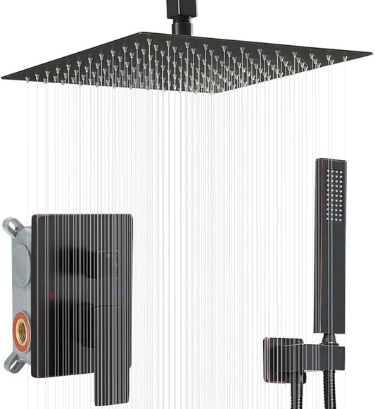 16 Inch Ceiling Mount Oil Rubbed Bronze Shower System Bathroom Luxury Rain Mixer Shower Combo Set Ceiling Rainfall Shower Head System (Contain Shower Faucet Rough-in Valve Body and Trim)