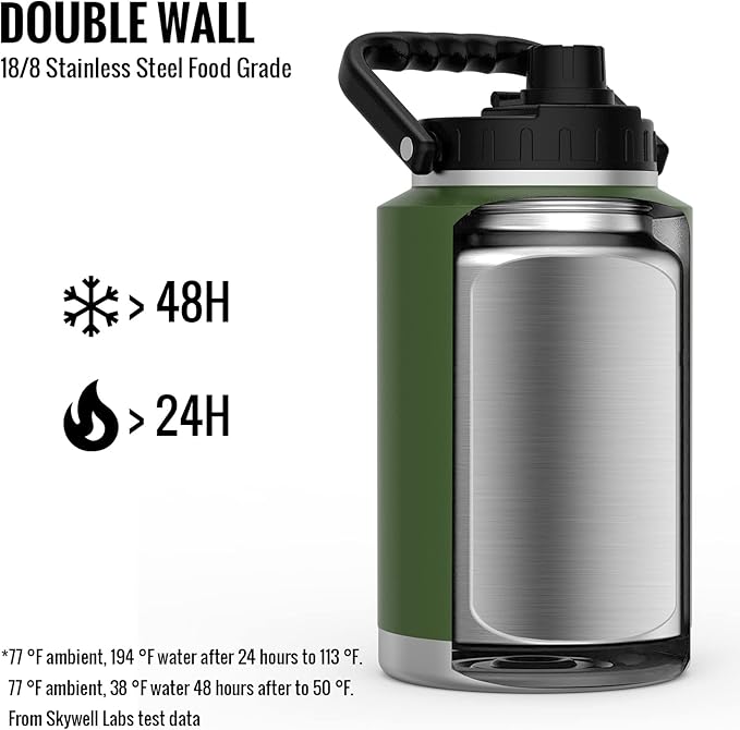 SkyWell 1 Gallon Insulated Water Bottle with Handle and Wide Mouth Water Flask Sweat-Proof and Leak-Proof 128 Oz Stainless Steel Water Jug for Outdoors, Olive