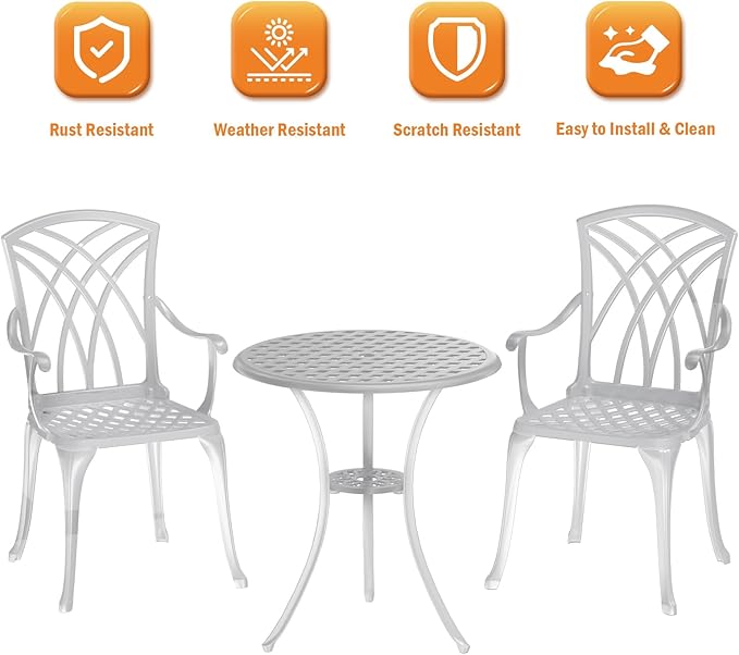 Patio Bistro Set 3 Piece, Cast Aluminum Bistro Set for 2 w/Umbrella Hole, Outdoor Table and Chairs Set of 2, Bistro Set for Balcony/Backyard/Garden, White