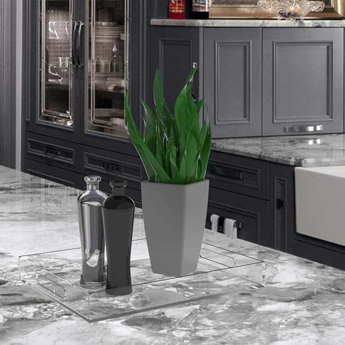 Clear Acrylic Serving Tray for Vanity, Bathroom, Outdoor, Food and Décor with Handles (Rectangle, Small)