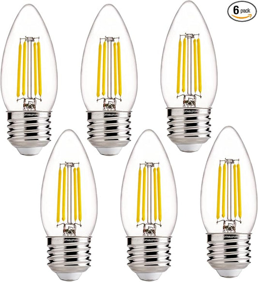 FLSNT 60W Equivalent LED Chandelier Light Bulbs, Dimmable LED B11 E26 Candelabra Base Bulbs, 3500K Natural White, 550LM, 6 Pack UL,CA65 Listed.
