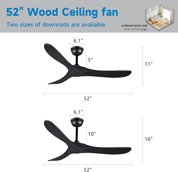Bigzone 52" Outdoor/Indoor Black Ceiling Fans Without Lights with Remote Control, Energy Efficient DC Motor 27W, Smart Ceiling Fan With Reversible Blades