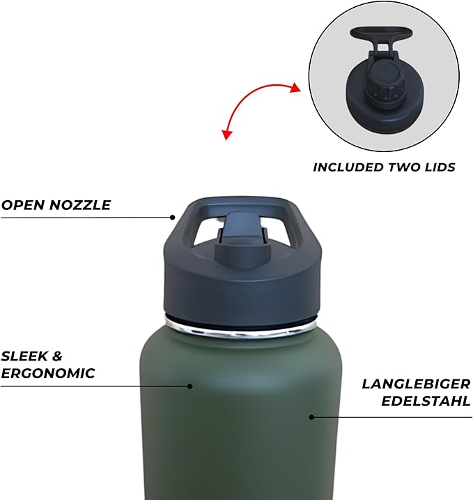HYDRATE Insulated Stainless Steel Water Bottle - Large Reusable Flask with Leak-Proof Design and Convenient Handle - Double Vacuum Insulation for School, Work, or Adventure