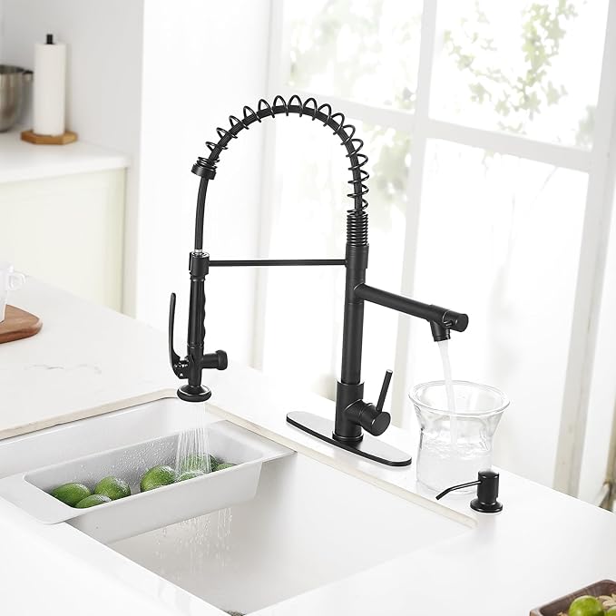 Fapully Commercial Pull Down Kitchen Sink Faucet with Sprayer Matte Black Single Handle Faucets for Kitchen Sink, Kitchen Faucet with Soap Dispenser and Deck Plack for 4 Hole