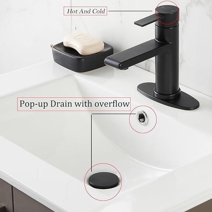 Black Bathroom Faucet Single Hole Bathroom Sink Faucet, Matte Black Single Handle Vanity Basin Faucet with Supply Deck Plate, Modern Farmhouse RV Faucet 1 or 3 Holes